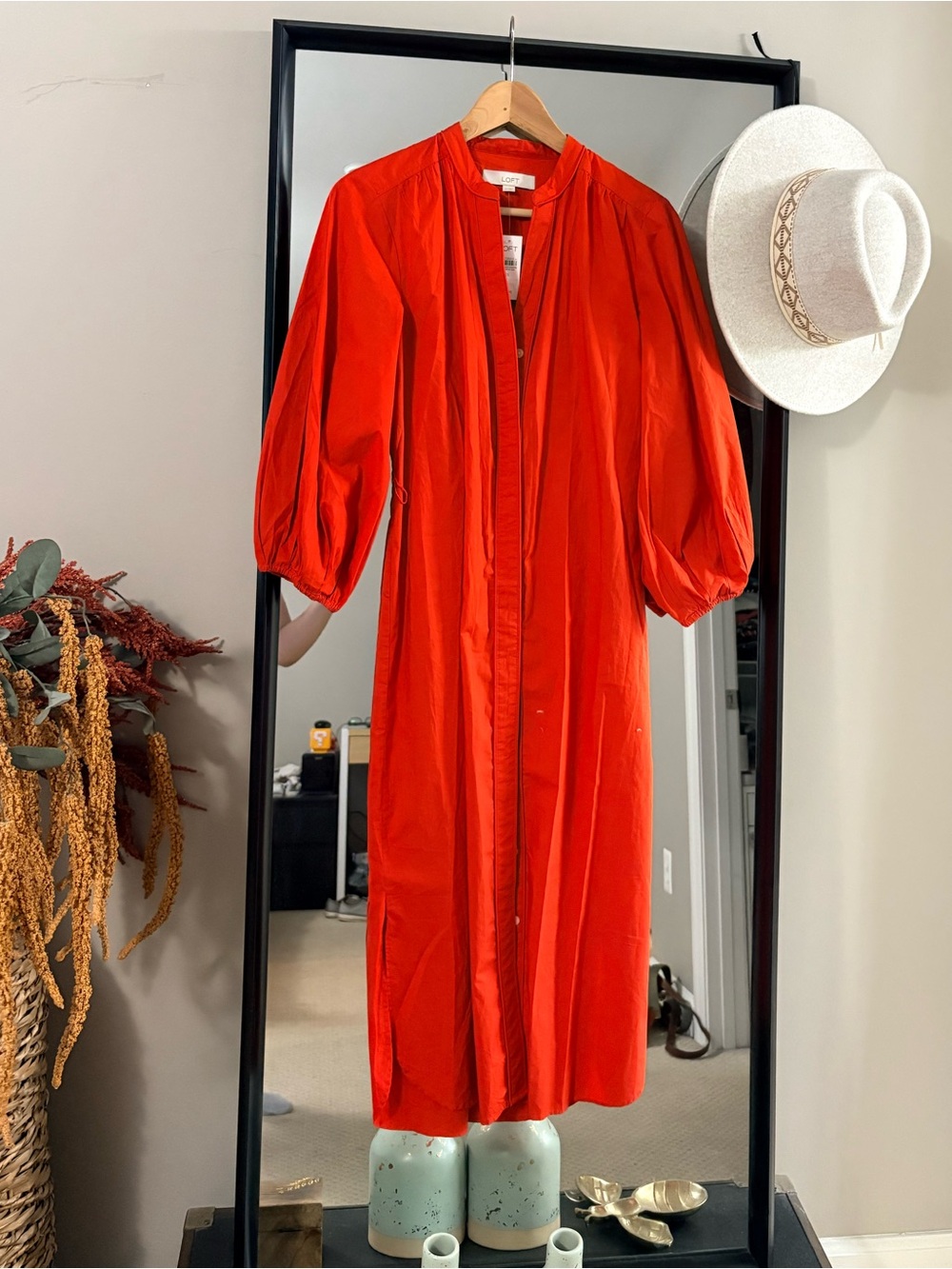 LOFT Red Midi Dress with Puff Sleeves